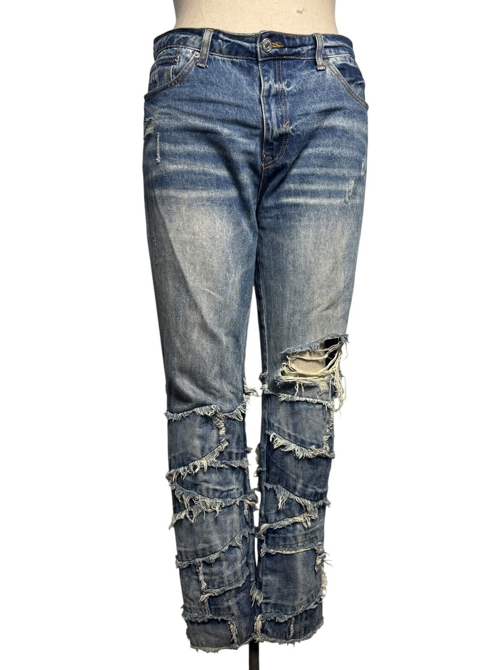 Forever 21 Frayed Patchwork Distressed Slim Fit Blue Jeans - S 38 x 31 length